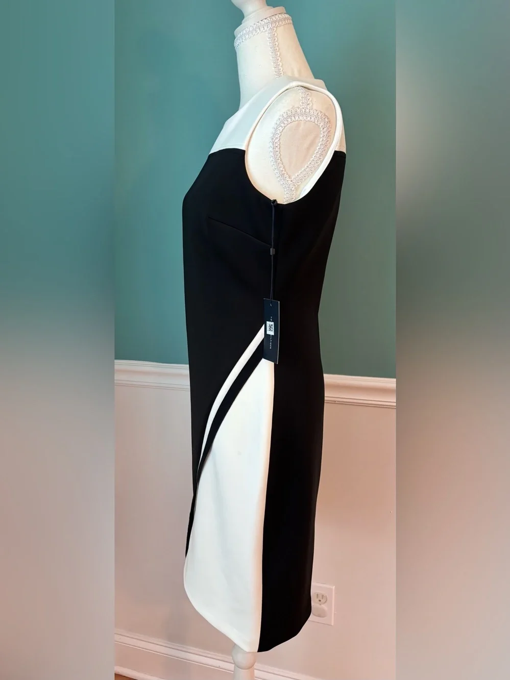 Modern Colorblock Scuba Knit Sheath Dress Asymmetrical Hem Career Chic NWT